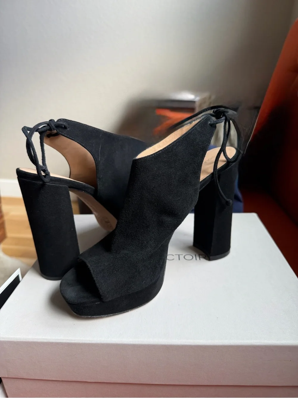 Pour La Victoire Black Suede Platform Peep-Toe Block Heels